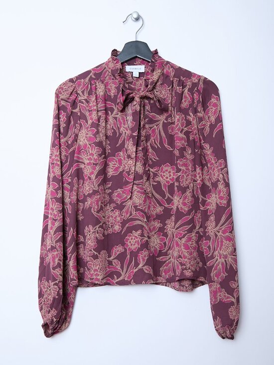 Evereve Tops - Evereve Mindie Tie Front Long Sleeve Floral Print Plum Lightweight Blouse Small